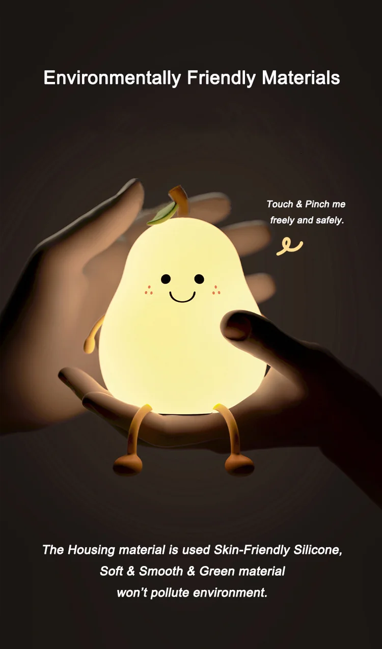Creative Mini Cute Cartoon Pear Shaped Pat Light Bedroom Lamp Soft Silicone Rechargeable Night Light for Kids