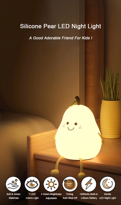 Creative Mini Cute Cartoon Pear Shaped Pat Light Bedroom Lamp Soft Silicone Rechargeable Night Light for Kids