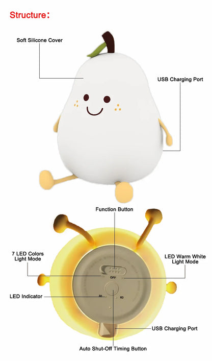 Creative Mini Cute Cartoon Pear Shaped Pat Light Bedroom Lamp Soft Silicone Rechargeable Night Light for Kids