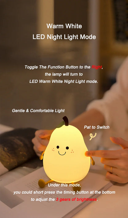Creative Mini Cute Cartoon Pear Shaped Pat Light Bedroom Lamp Soft Silicone Rechargeable Night Light for Kids