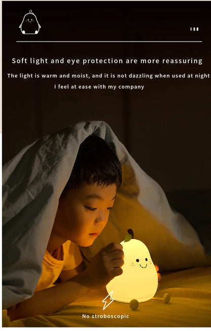 Creative Mini Cute Cartoon Pear Shaped Pat Light Bedroom Lamp Soft Silicone Rechargeable Night Light for Kids